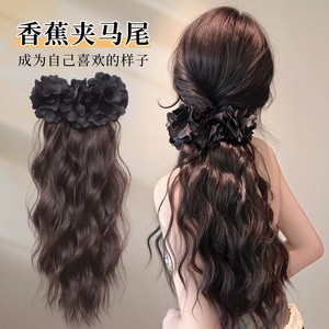 Peluca de cola de caballo con clip de plátano, extensiones de cabello ondulado largo para mujer, diseño elegante de flores para uso diario - Product Image 1