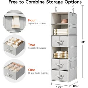 Organisateur de placard suspendu à 6 étagères avec 3 tiroirs, rangement en tissu rectangulaire détachable pour l'organisation de la garde-robe - Product Image 3