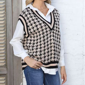 Débardeur en tricot <span class=keywords><strong>sans</strong></span> manches décontracté à col en V en acrylique 100% respirant à motif <span class=keywords><strong>pied</strong></span>-<span class=keywords><strong>de</strong></span>-<span class=keywords><strong>poule</strong></span> pour femmes personnalisé pour l'hiver - Product Image 2