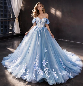 <span class=keywords><strong>Robe</strong></span> de Quinceañera bleu ciel magique avec <span class=keywords><strong>jupon</strong></span>, épaules dénudées, appliques florales, en <span class=keywords><strong>tulle</strong></span>, coupe princesse, traîne chapelle - Product Image 1