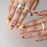 Ongles en acrylique à presser, motif Île Tropicale Orange Coucher de Soleil, fleurs 3D, coquillages, palmiers, chaîne dorée, longueur moyenne, 10 pièces