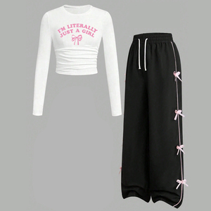 Conjunto de Ropa Casual para Niñas Adolescentes a la Moda, Camiseta de Manga Larga Estampada y Pantalones Anchos con Lazo Decorativo - Product Image 1