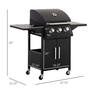 Parrilla de gas portátil de 3 quemadores con rejilla de calentamiento y gabinete, barbacoa para exteriores para 5 personas, modelo negro, estilo moderno, control por perillas. - Product Image 4