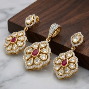 Conjunto de Joyería de Plata 925 con Moissanita, Cadena Moderna con Eslabones Polki, Colgante y Aretes Chapados en Oro, para Novia, Compromiso, Fiesta, Boda - Product Image 3