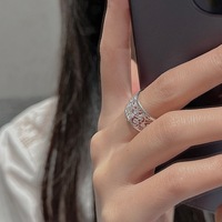 Bague large en argent sterling 925 pour femme, motif filigrane ajouré, fleur en dentelle, ajustable, ouverte, avec zircon cubique étincelant, vente en gros