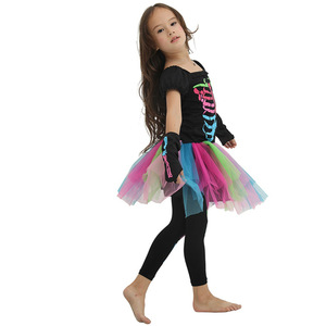 Kit de costumes d'Halloween pour filles et enfants, en polyester, motif arc-en-ciel, crâne, squelette, fantôme - Product Image 3