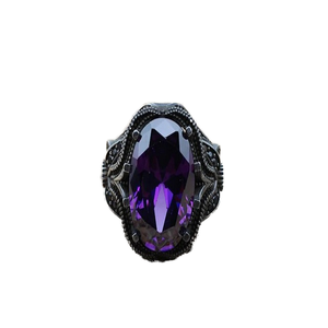 Anillo de Cóctel Vintage con Amatista de Corte Ovalado, Plata 925, Baño de Rodio Negro, Engaste en Bisel, Unisex, para Uso Diario - Product Image 1