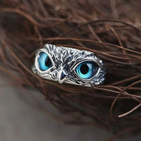 Mode à la mode cercle épais réglable ruban hibou anneau exagéré bleu rouge violet oeil hibou bagues pour Couple