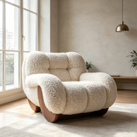 Fauteuil à bascule en tissu Teddy, fauteuil simple design Boucle, base en bois massif, fauteuil d'appoint pour salon