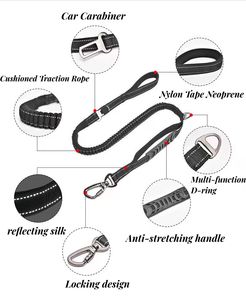 Correa reflectante para pasear perros, correa elástica para entrenamiento de mascotas con absorción de impactos, 2 asas acolchadas para el tráfico, correa retráctil para perros - Product Image 2