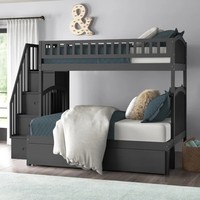 Lit superposé en bois massif pour enfants avec tiroirs de rangement gris