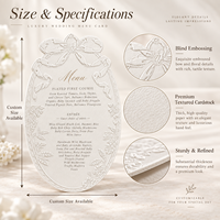 Carte de menu de mariage personnalisée découpée sur mesure, gaufrée, en papier coton épais, bordure florale ovale, cartes de menu imprimées personnalisées, vente en gros OEM