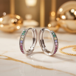 Orecchini a Cerchio con Diamanti Colorati E1078 in Argento 925 con Incastonatura a Canale, Classici da Donna per Uso Quotidiano - Product Image 2