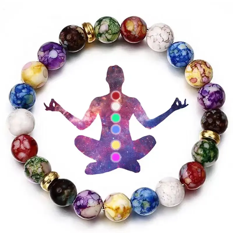 Braccialetto di pietra di agata Yoga energia Reiki curativo con perline braccialetto all'ingrosso colorato Chakra placcato oro naturale palla acrilica