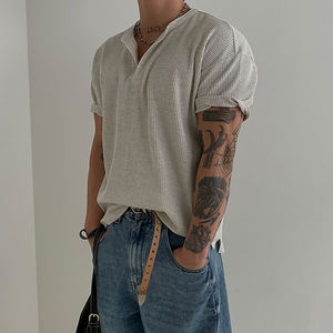 Primasメンズカジュアル半袖夏ワッフルヘンリーシャツ100% コットンクリーンフィットアメリカタフガイテクスチャ筋肉デザイン - Product Image 1