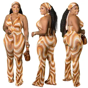 J&H 2022 summer hot sale plus size jumpsuits women sexy backless wave striped print bell bottom pants suits vacation outfits