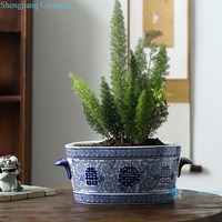 Pot Bunga Biru dan Putih RYPU76-01 dengan Telinga Oval dan Pola Bahagia Ganda
