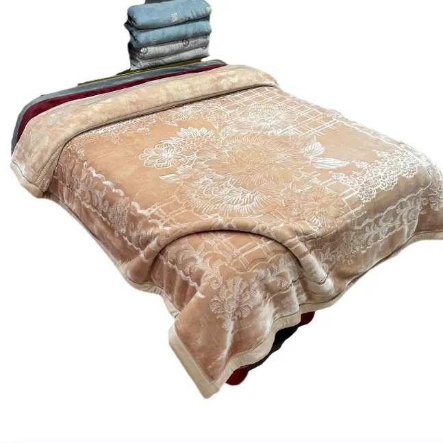 2024 New High Class Korean Plain colour Cloud Bed Blanket 5kg 200x230 Flower Embossed 2 ply Mink Raschel Blanket