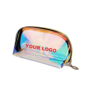 Venta caliente pequeña bolsa de arco iris holográfica estuche láser mano transparente con cremallera logotipo PVC bolsa de cosméticos personalizada