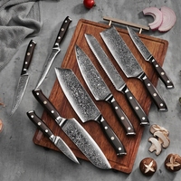 Ensemble de couteaux de cuisine japonais tranchants avec manche en bois de santal noir, comprenant couteaux à pain, couteaux à éplucher, couteaux à désosser, hachettes de boucher et de chef, et couteaux de Damas