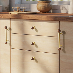 Chinese Style Walnut Wood Brass Cabinet <b>Knobs</b> Round Durable Furniture Handle For Cabinet Doors - Product Image 3