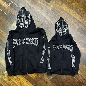 Yüksek sokak erkek rahat tam Zip up kapşonlu Sweatshirt ceket uzun örme kazak kafatası baskı tasarım Hoodies ile - Product Image 5