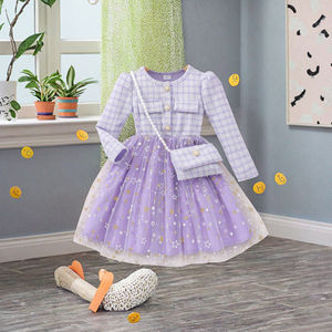 Nuevo Vestido Elegante de Fiesta para Niñas con Cuello Redondo, Manga Larga, Estampado a Cuadros, Tafetán, Línea A, Largo hasta la Rodilla y Botones - Product Image 1