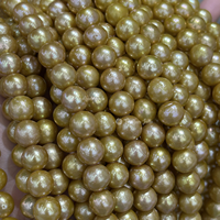 Vente en gros de perles d'eau douce dorées presque rondes de 9-10 mm, haute brillance, pour la création de bijoux de mariage faits à la main