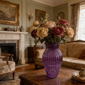 Vaso <span class=keywords><strong>in</strong></span> <span class=keywords><strong>Vetro</strong></span> Alto Scanalato Viola, Vaso Decorativo per Fiori con Design Scanalato per Casa, Pavimento, Matrimoni, Vendita all'Ingrosso - Product Image 2