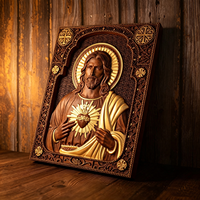 Icône du Sacré-Cœur de Jésus en bois sculpté à la main, plaque murale religieuse dorée, décoration catholique chrétienne pour la maison