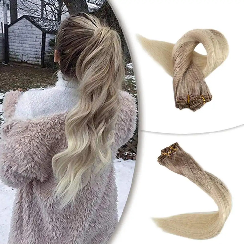 100% Human Hair Clip in Seamless Remy Hair Virgin Brazilian Hair Extensions Ombre 18/60 Length 18 inches 120g for Fashion Lady