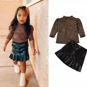 Girls Kids Casual Clothes Set Brown Leopard Printed Pattern T shirt Tops Black Solid Color Skirt Fashion Children Clothes Set