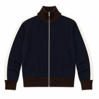 Cardigan en laine mérinos bleu marine pour femme, tricoté, zippé, col cheminée côtelé marron, fabrication sur mesure ODM OEM, vente en gros d'usine