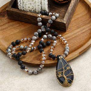 Joyería bohemia de moda, collar bohemio de 8mm para mujer, piedras naturales, piedras preciosas de cristal, collar con colgante de árbol de la vida trenzado dorado - Product Image 1