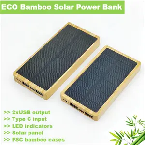 Eco-friendly Solar Bamboo Power Bank 20000mah Outdoor Travelling Large Capacity USB Camping Powerbank LED Lighting Up Logo