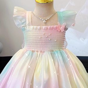 Vestido de Princesa con Tirantes de Ganchillo para Niñas, Vestido de Verano con Alas de Mariposa Arcoíris para Niños, Vestido de Actuación de Manga Corta - Product Image 1