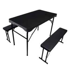 Hongqiao - Conjunto de mesa e bancos de madeira para acampamento, cadeiras de mesa e bancos de plástico dobráveis para pátio, varanda e acampamento, 3 peças