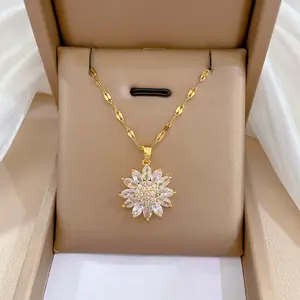 Collier de tournesol en acier inoxydable plaqué or 18 carats de haute qualité bijoux collier pendentif fleur de zircon pour femmes