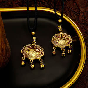 跨界沙金镂空镀金福字项链，儿童成人，如意锁，古法传承，被 - Product Image 2