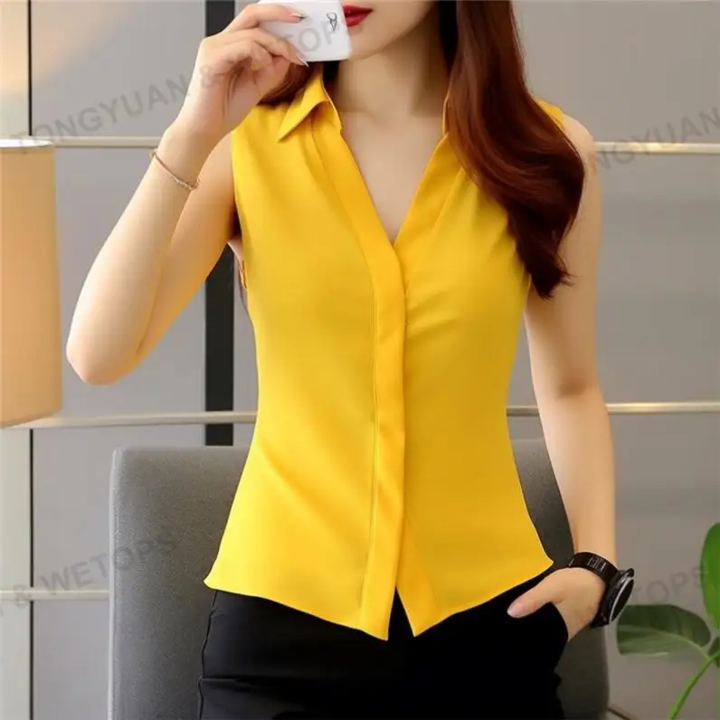 Artı boyutu kadın yaz bluz gömlek kolsuz tankı üstleri sarı beyaz siyah zarif Officewear klas kadın bahar giyim