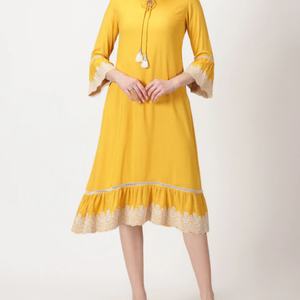 Vestido de Lino y Algodón para Mujer, Cuello en V, Casual, Corte en A, Mangas Abullonadas, Midi, Verano, Bordado - Product Image 3