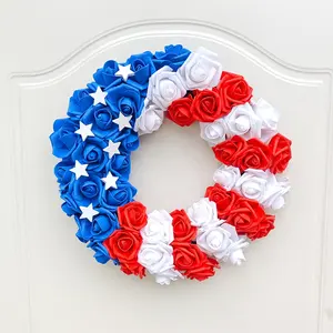 Grinalda de flores para o Dia da Independência 2024, flor de simulação com estrelas, vermelho, branco e azul, guirlanda de 4 de julho