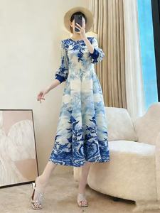 Elegante Abito Midi Plissettato con Stampa Floreale Blu <span class=keywords><strong>e</strong></span> Gialla, <span class=keywords><strong>Vestito</strong></span> a Maniche Lunghe a Sbuffo Linea A per Donne - Product Image 5