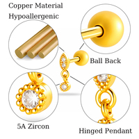 Hengsen Boucles d'oreilles en cuivre pour cartilage, motif fleur en zircon cubique, dorées, longues pendantes, à tige, pour piercing externe du tragus