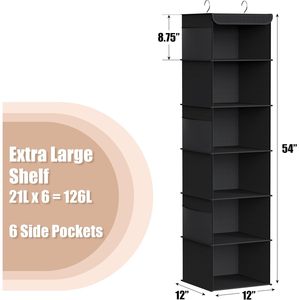 6 Shelf Hanging Closet Organizer Black Fabric <b>Storage</b> For Behind Doors On Walls Neatening Clothes - Product Image 3