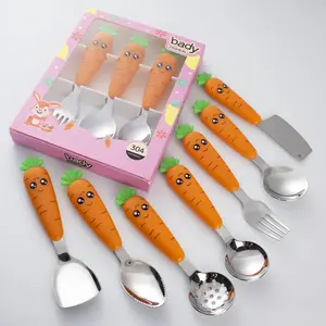 可爱卡通萝卜设计餐具套装不锈钢儿童餐具套装PP手柄勺子叉刀