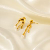 Boucles d'oreilles minimalistes en acier inoxydable plaqué or 18 carats avec perles, texture métallique liquide, anti-ternissement, pour femmes