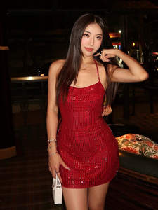 Holiday Summer Formal Satin <b>Dress</b> Backless Stretch Halter Neckline Dropped Waistline Asymmetrical Silhouette Midi for <b>Xmas</b> - Product Image 2