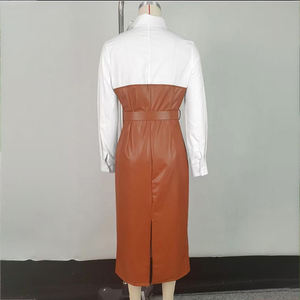 X8409 <span class=keywords><strong>Abito</strong></span> da Ufficio Trendy Autunnale per Donna, Vestito Casual <span class=keywords><strong>in</strong></span> <span class=keywords><strong>Pelle</strong></span> PU con Patchwork a Contrasto, Maniche Lunghe e Cintura - Product Image 6