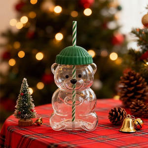 Toptan Özel Logolu Yeşil Pembe Ayı Şeklinde Kapaklı Bardaklar, Pipetli Cam Ayı Kupa - Product Image 3